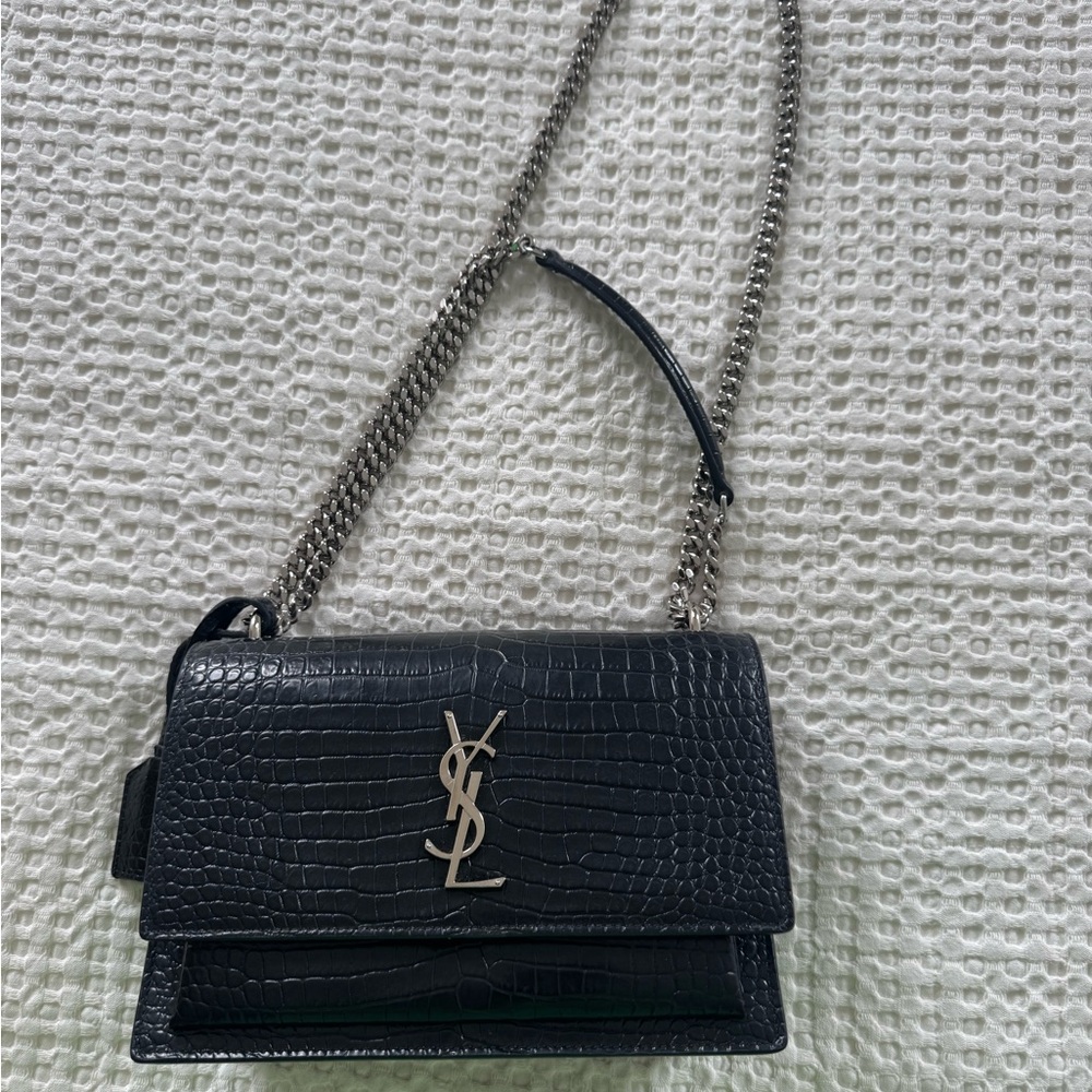 Yves Saint Laurent Black Croc-Embossed Chain Bag